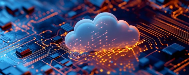 Poster - A visually captivating cloud symbol floating above a circuit board, representing cloud computing and advanced technology