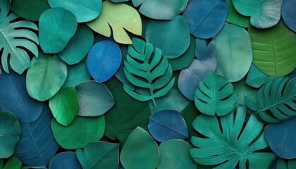 Poster - Overlapping Decorative Paper Cutouts Of Green And Blue Leaves Creates A Textured Background Pattern In Flat Lay Tropical Aesthetic