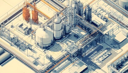 Poster - Aerial view of a complex industrial facility featuring large storage tanks, intricate piping systems, and an array of machinery, showcasing the scale and intricacy of modern manufa