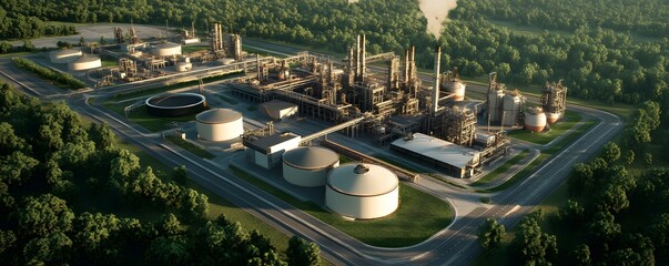 Poster - Aerial view of a modern industrial complex featuring large storage tanks, processing units, and smokestacks, surrounded by lush greenery, illustrating the combination of nature and