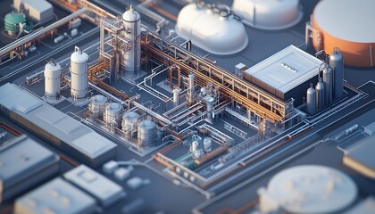 Poster - Aerial view of a modern industrial facility featuring intricate pipelines, tanks, and processing units. This image highlights the complexity and scale of industrial architecture.