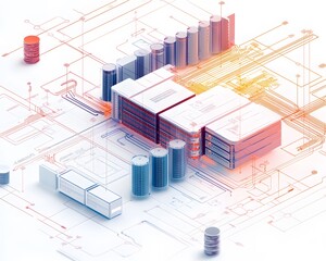 Poster - An abstract representation of technological innovation featuring servers and data lines, showcasing the complexities of digital infrastructure in a modern environment.