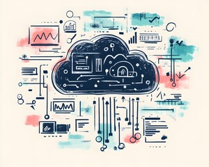 Poster - An artistic illustration of cloud computing, featuring various graphs and data flows. This design captures the essence of technology and data management in a modern context.