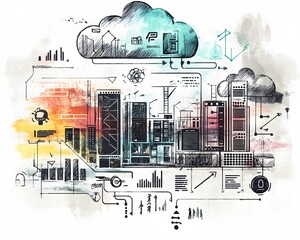Poster - an artistic illustration representing cloud computing and data storage. charts and graphs symbolize 