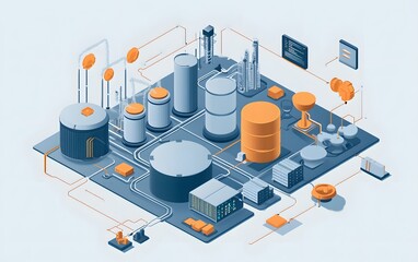 Poster - An isometric illustration of a modern industrial facility featuring storage tanks, pipelines, and industrial machinery