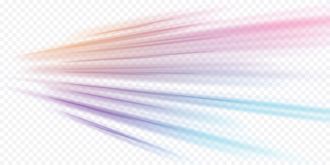 Poster - Light beam illustration, neon light strip, high speed motion background, on transparent background in PNG format. Glow luminous glitter shimmer trail. 