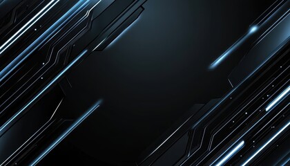 Fototapete - Striking Dark Abstract Background Featuring Geometric Patterns and Glowing Blue Lines for Modern and Futuristic Designs