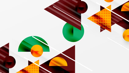 Poster - Abstract geometric shapes overlap, creating dynamic composition. Colors include burgundy, orange, green, white. Modern design elements present.