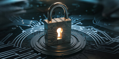 Poster - metallic padlock on dark circuit board, glowing keyhole, symbolizing digital security, data protecti