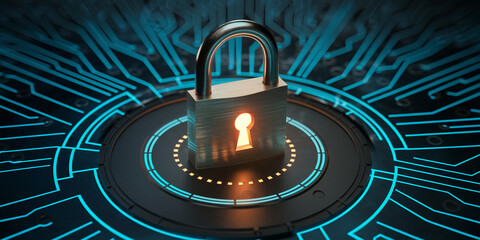 Poster - padlock on dark platform with glowing blue circuit background, symbolizing digital security and data