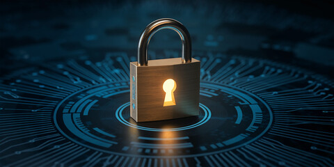 Poster - metal padlock on dark background with circuit board pattern, symbolizing digital security and data p