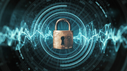 Poster - brass padlock centered in a glowing teal digital circular graphic, symbolizing online security and d