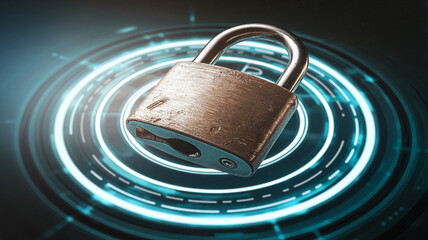 Poster - metal padlock on a glowing teal circular background, symbolizing digital security, data protection, 