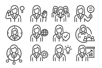 Poster - Women in leadership vector icons representing empowerment, teamwork, and innovation in a modern workplace environment