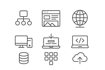 Fototapete - Vector illustration icon depicting various technology elements including network, web content, globe, computer systems, and cloud storage