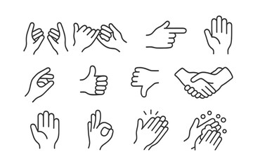 Poster - Collection of vector hand gesture icons illustrating various expressions and interactions in a minimalist style
