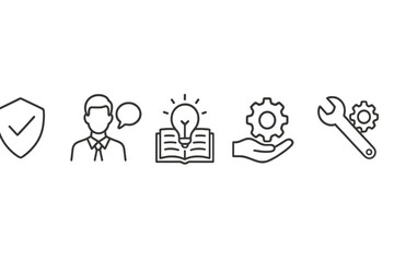 Poster - Vector illustration icons depicting concepts of security, communication, knowledge, innovation, and problem-solving in a professional setting