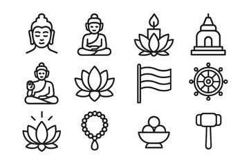 Poster - Vector illustration of various Buddhist symbols representing spirituality, meditation, and tranquility in a minimalist design