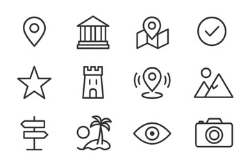 Poster - Vector illustration icons representing travel, navigation, and tourism essentials with various symbols
