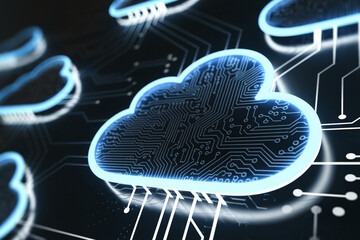 Poster - glowing blue cloud icon with circuit board texture, symbolizing digital network, data storage, and c