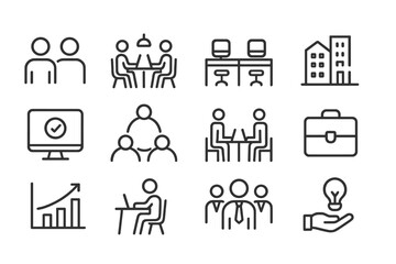 Poster - Vector illustration icons depicting various business and teamwork activities in a professional setting