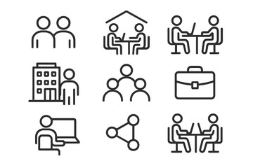 Poster - Vector illustration of diverse business activities featuring collaboration, teamwork, and office settings