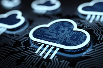 Poster - close-up of cloud symbol on circuit board, depicting digital cloud computing, showcasing data storag