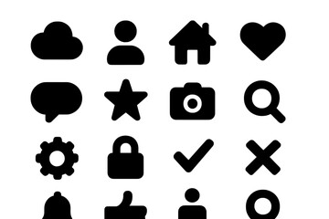 Poster - Collection of black vector icons for user interface design featuring communication, navigation, and social symbols
