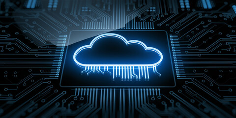 Poster - glowing blue cloud icon on dark circuit board background, symbolizing cloud computing, data storage,