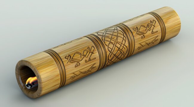 Ornate Bamboo Incense Stick Holder with Engraved Designs and Lit Incense