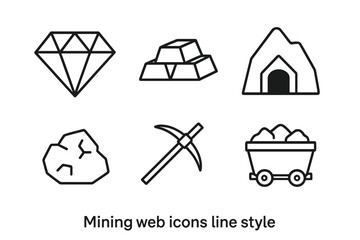 Fototapete - Mining icons collection featuring gems, equipment and materials in vector line style perfect for web design