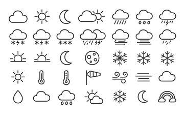 Poster - Weather icons in vector illustration style representing different atmospheric conditions and elements