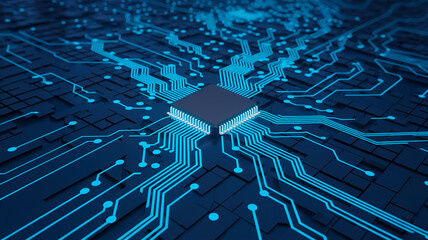 Poster - dark blue circuit board with glowing blue lines, showcasing a central processor chip. represents tec
