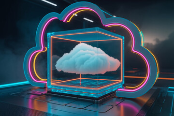 Poster - glass cube showcasing a cloud, neon cloud frame, futuristic technology concept, representing data st