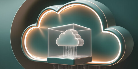 Poster - Stylized cloud icon inside glass cube, showcased within a teal cloud shape with warm lighting, representing data storage and cloud computing concept
