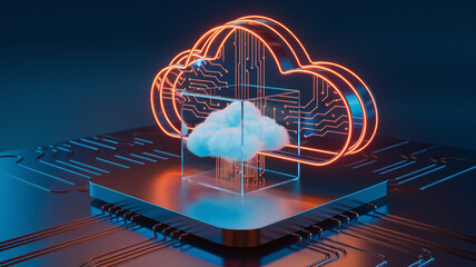 Poster - neon cloud symbol over glass cube with cloud inside, displayed on metallic circuit board, showcasing