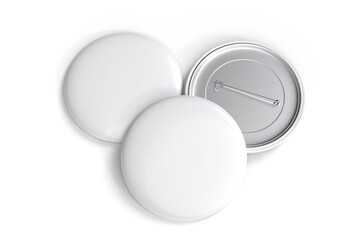 Blank Round Pin Badges Mockup Template isolated on background. Plastic empty white button badge with metal for branding souvenir magnet, brooch pin, emblem, merchandise, volunteer label. 3D rendering