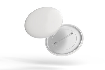 Blank Round Pin Badges Mockup Template isolated on background. Plastic empty white button badge with metal for branding souvenir magnet, brooch pin, emblem, merchandise, volunteer label. 3D rendering