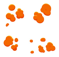 Poster - four different stages of orange dust explosion clouds expanding on a white background, creating a dy