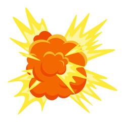 Poster - cartoon explosion emitting yellow rays of light with an orange cloud of smoke, creating a dynamic an