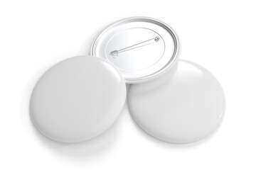 Blank Round Pin Badges Mockup Template isolated on background. Plastic empty white button badge with metal for branding souvenir magnet, brooch pin, emblem, merchandise, volunteer label. 3D rendering