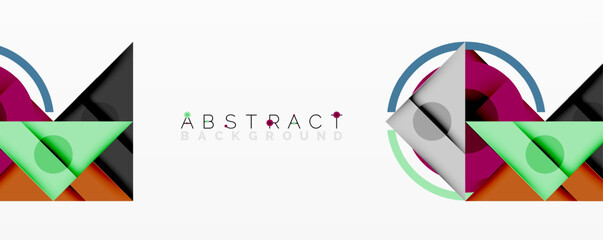 Fototapete - Geometric shapes overlap, creating vibrant abstract design. Colors include purple, orange, green, blue. Minimalist style, modern aesthetic.
