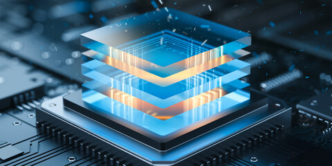 Poster - layered blue glass cube on dark circuit board, glowing from within, showcasing technological advance