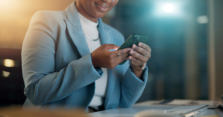 Aufkleber - Hands, night and woman with cellphone, business and network with social media, connection or internet. Closeup, evening or person in office, text or smartphone with digital app and message to contact