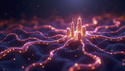 Futuristic neon cityscape with glowing buildings and abstract network connections