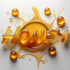 Poster - Honey typography with liquid drops and splash around the word on white.