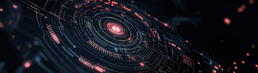 Fototapete - Abstract Dark Blue Technology Background with Glowing Red And White Particles In Circular Swirls Highlighting Futuristic Network Connection And Digital Communication