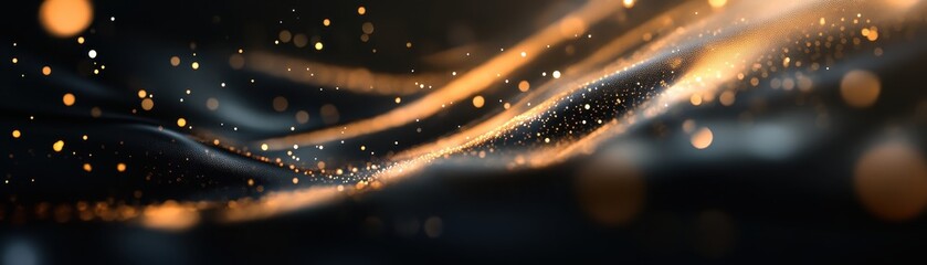 Poster - Abstract Golden Glittering Background with Dynamic Light Rays on Dark Wavy Texture Creates a Luxurious and Festive Atmosphere Perfect for Holiday Celebration and Modern Graphic Design