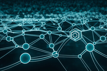 Poster - abstract teal network visualization spheres connected by lines, central hexagon, symbolizes connecti