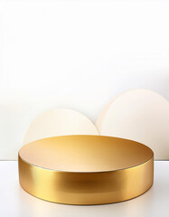 Poster - Golden round podium with geometric shapes for product display on white background.